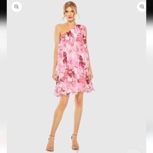 Mac Duggal Size 0 Pink White Floral Print Chiffon One Shoulder Mini Party Dress